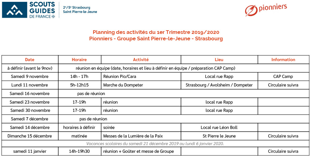 Planning pionniers 1er trimestre 2019-2020