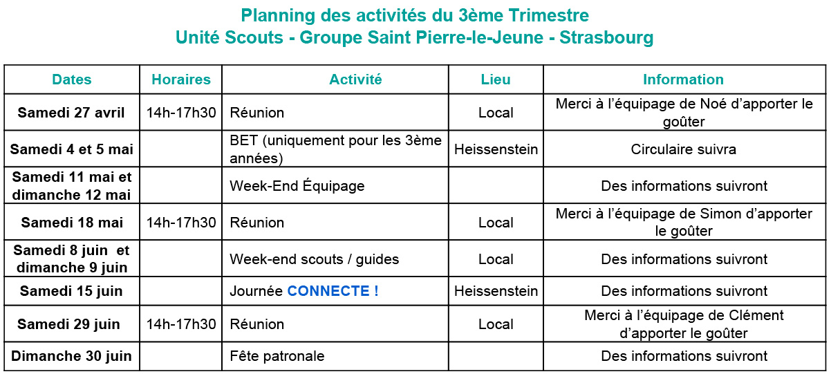 planning scouts 3ème trimestre